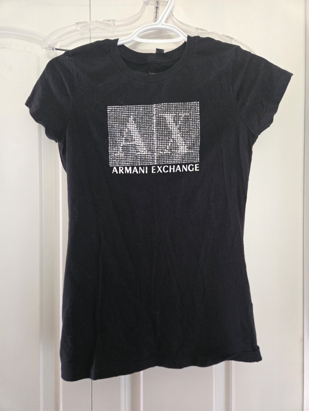 Armani Exchange Women's Black Short-Sleeve Tee with Crystal AX Logo